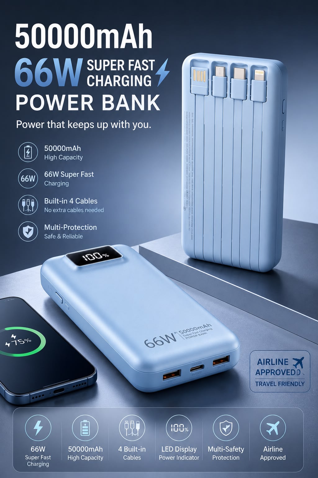 Original 20000mAh 66W Super Fast Charging Power Bank with LED Digital Display, 4 Built-in Cables & 3 Output Ports