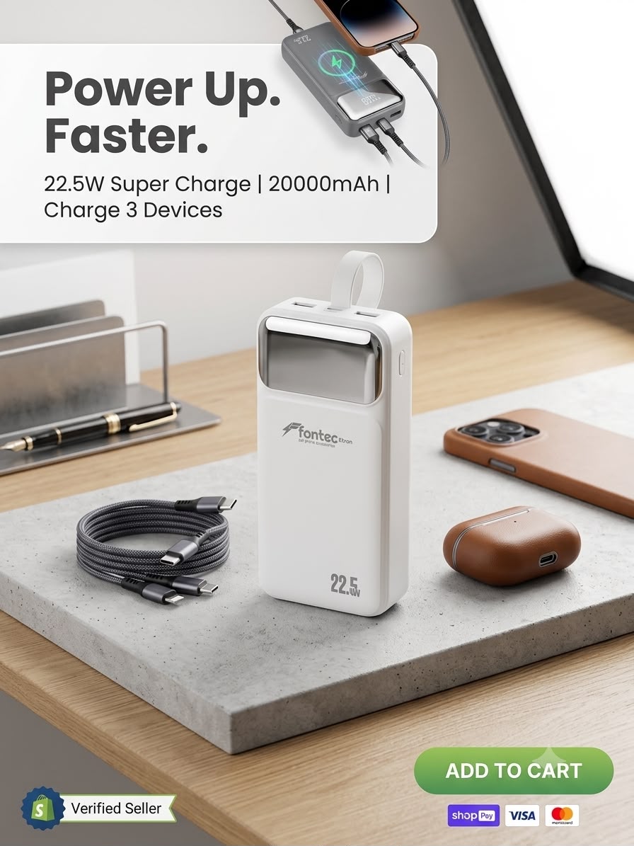 Fontec ETRON 30000mAh Power Bank PD 22.5W Fast Charging with Built-in Type-C & Lightning Cables | LCD Display
