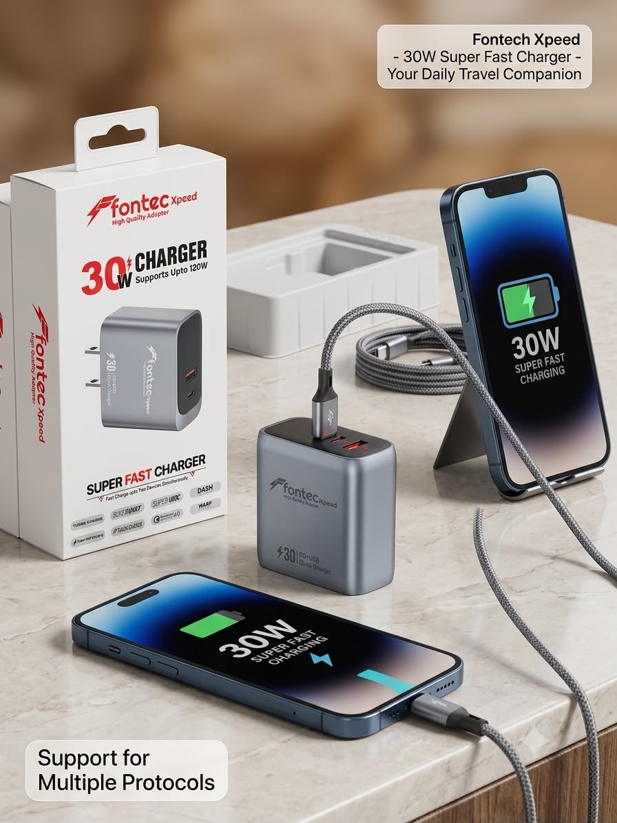 Fontec Xpeed 30W PD Super Fast Charger | USB-C + USB-A Dual Port Wall Adapter | Quick Charge 4.0