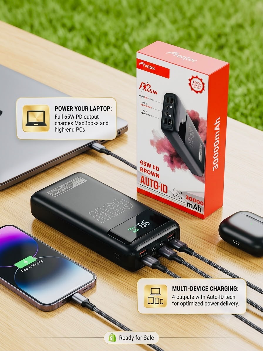 Fontec PowerBeast 30000mAh Fast Charging Power Bank | 22.5W PD Fast Charge | 4 USB Outputs | LED Light | Dual Input