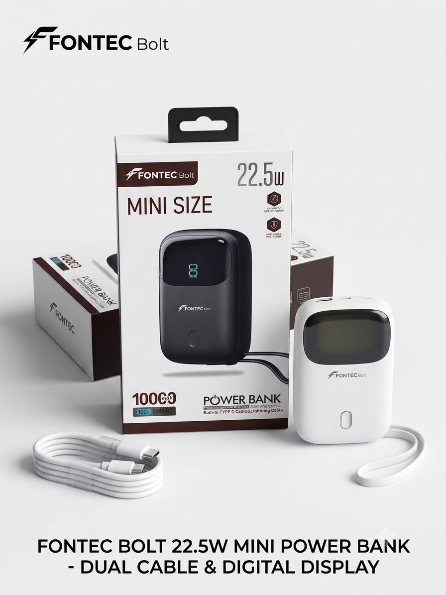 Fontec Bolt Mini 10000mAh Power Bank | 22.5W Fast Charging | Smart Power Display | Dual Built-in Cables | Compact Portable Design