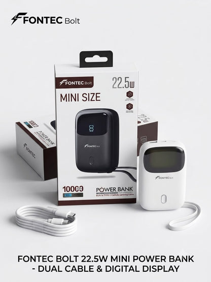 Fontec Bolt Mini 10000mAh Power Bank | 22.5W Fast Charging | Smart Power Display | Dual Built-in Cables | Compact Portable Design