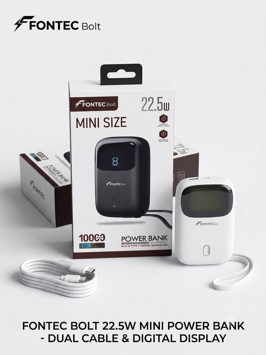Fontec Bolt Mini 10000mAh Power Bank | 22.5W Fast Charging | Smart Power Display | Dual Built-in Cables | Compact Portable Design