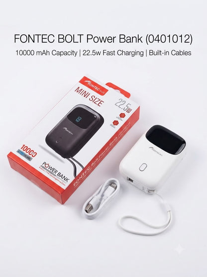 Fontec Bolt Mini 10000mAh Power Bank | 22.5W Fast Charging | Smart Power Display | Dual Built-in Cables | Compact Portable Design