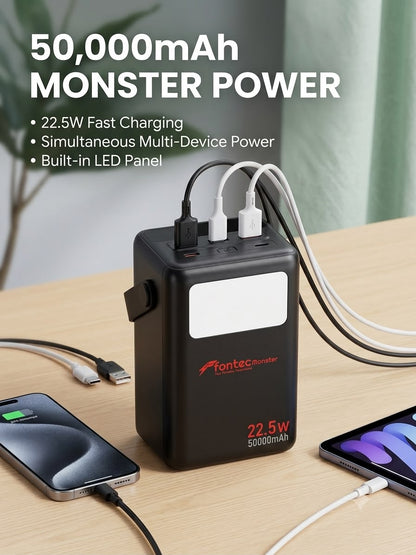 Fontec Monster 50000mAh Power Bank | 22.5W Fast Charging | Large Capacity Lithium Battery | LED Flashlight | 2 Type-C Inputs | 4 Outputs