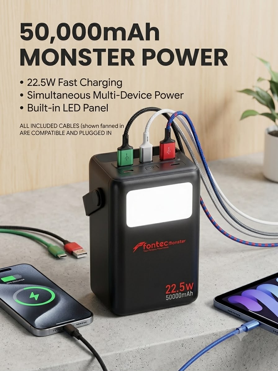 Fontec Monster 50000mAh Power Bank | 22.5W Fast Charging | Large Capacity Lithium Battery | LED Flashlight | 2 Type-C Inputs | 4 Outputs
