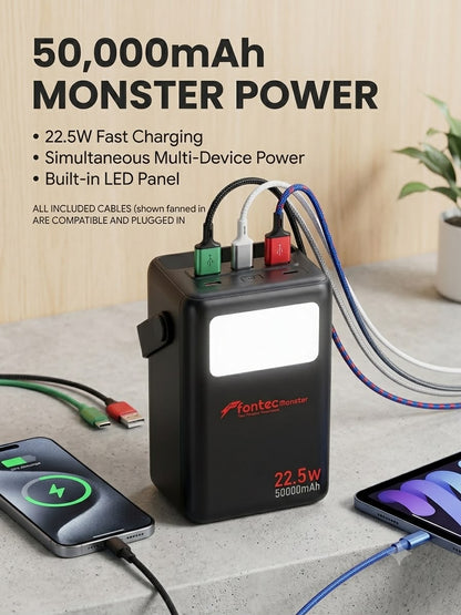 Fontec Monster 50000mAh Power Bank | 22.5W Fast Charging | Large Capacity Lithium Battery | LED Flashlight | 2 Type-C Inputs | 4 Outputs