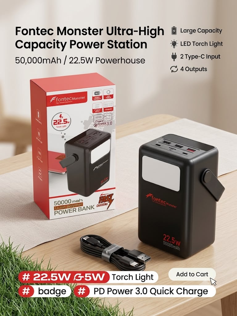 Fontec Monster 50000mAh Power Bank | 22.5W Fast Charging | Large Capacity Lithium Battery | LED Flashlight | 2 Type-C Inputs | 4 Outputs
