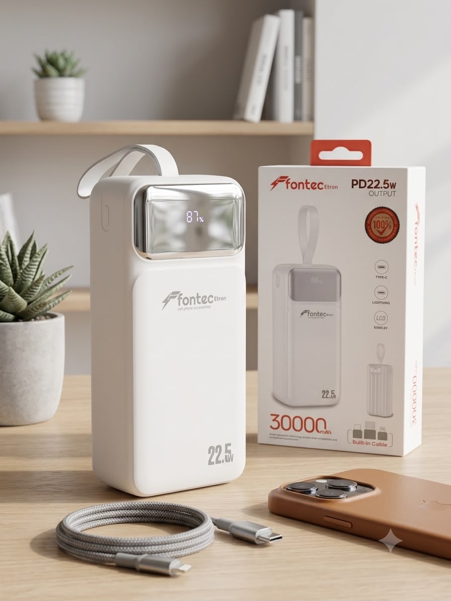 Fontec ETRON 30000mAh Power Bank PD 22.5W Fast Charging with Built-in Type-C & Lightning Cables | LCD Display