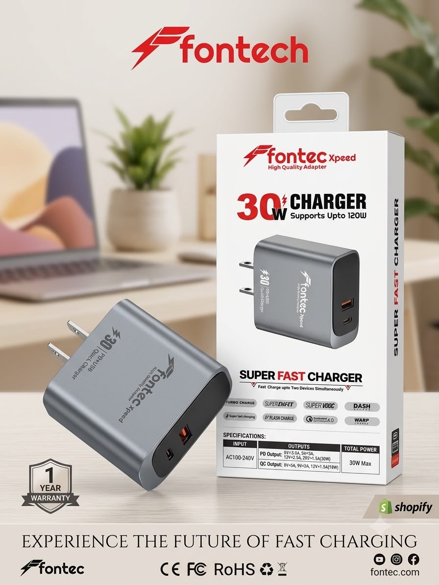 Fontec Xpeed 30W PD Super Fast Charger | USB-C + USB-A Dual Port Wall Adapter | Quick Charge 4.0