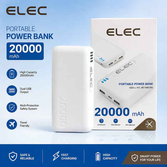 ELEC 20000mAh Fast Charging Power Bank – 2 USB Ports + 1 Type-C Port | Portable High Capacity Battery Pack for Android & iPhone