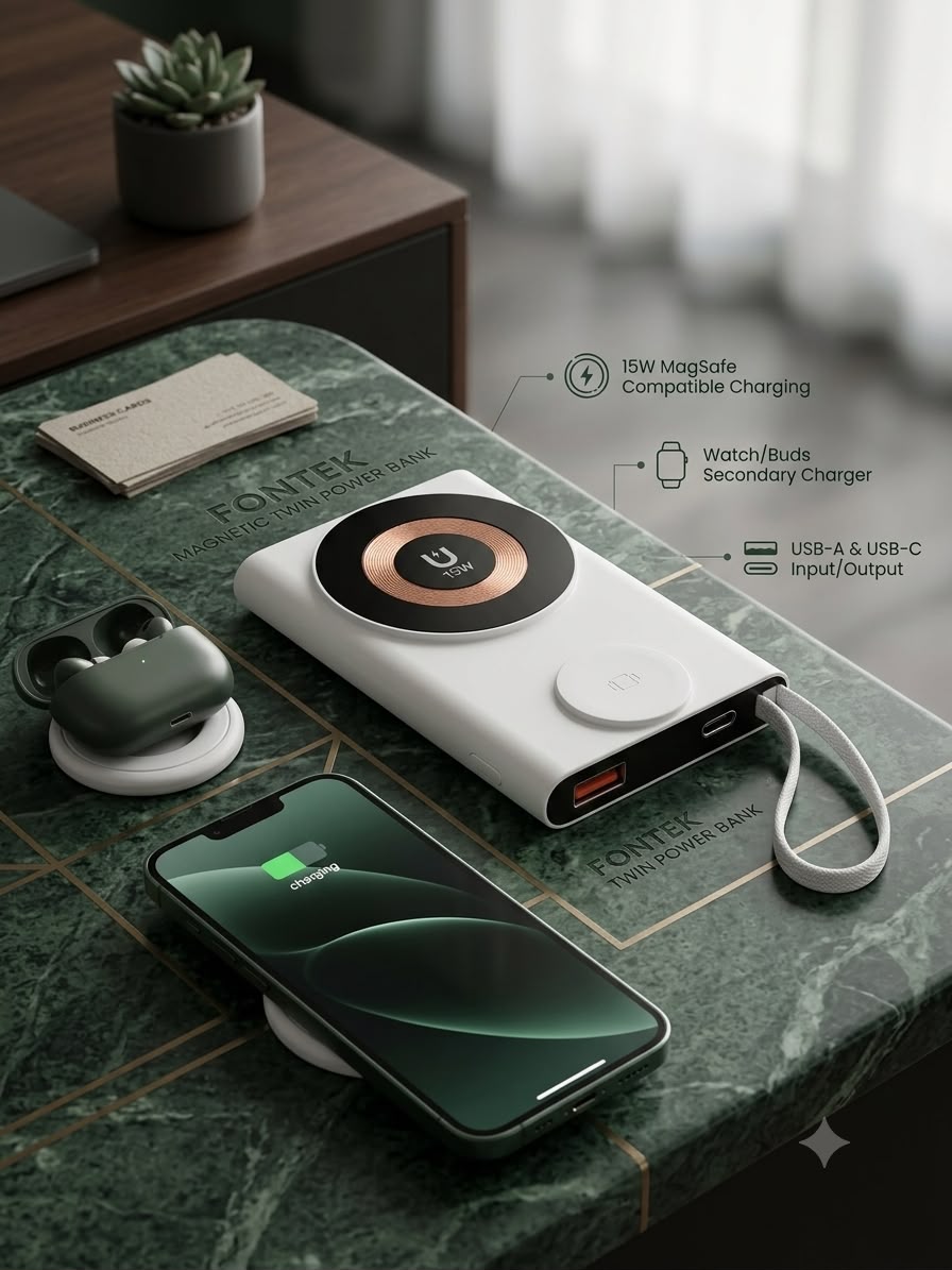 Fontec Twin Magnetic Wireless Power Bank 10000mAh | 22.5W Fast Charging | Digital Display | Dual Ports | MagSafe Compatible