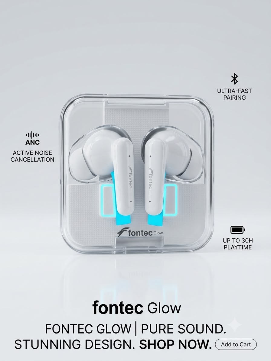 Fontec Glow Wireless Earbuds Bluetooth 5.3 – Intelligent Touch Control, Heavy Bass, Comfortable Fit, 200mAh Charging Case