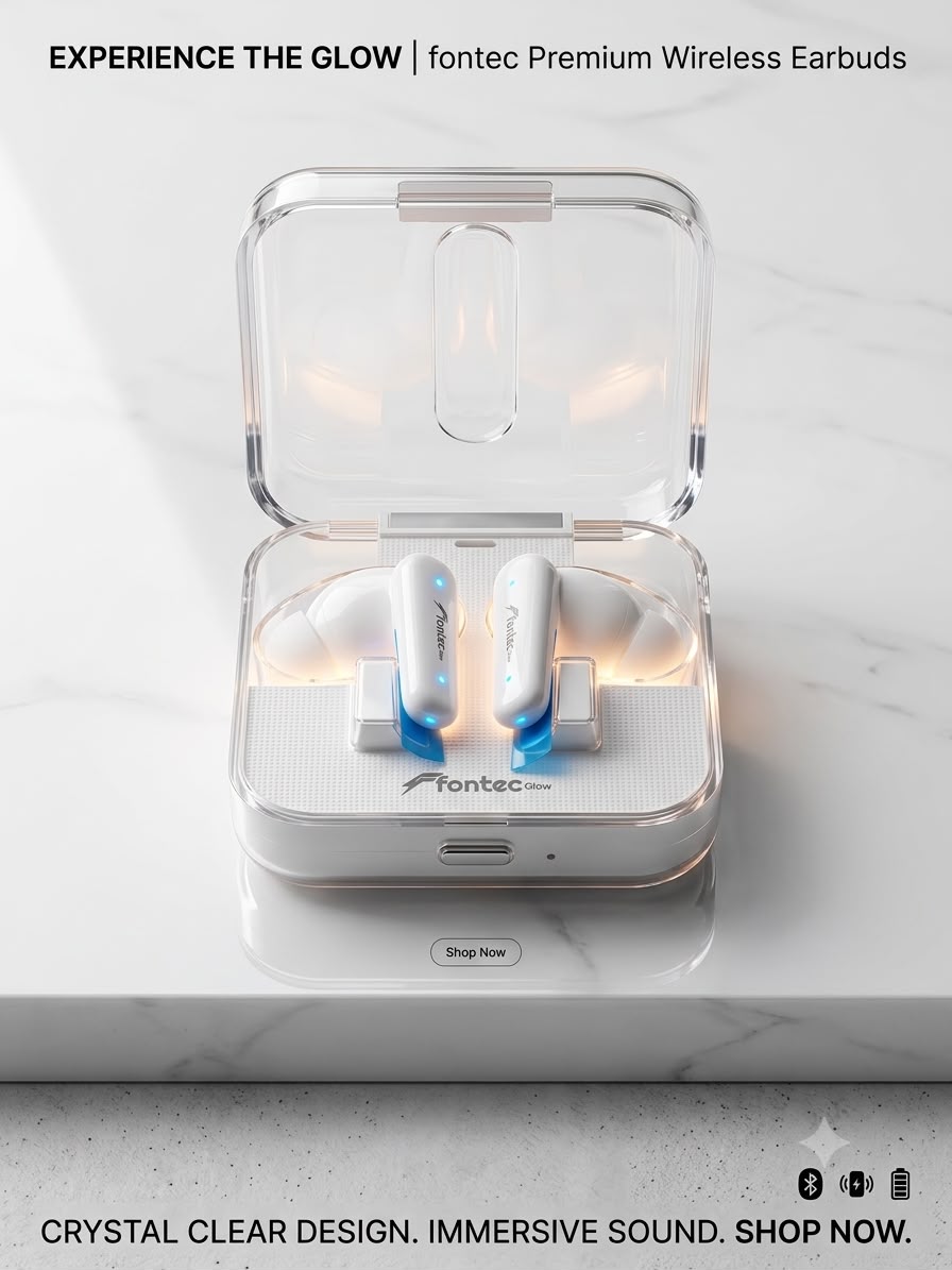 Fontec Glow Wireless Earbuds Bluetooth 5.3 – Intelligent Touch Control, Heavy Bass, Comfortable Fit, 200mAh Charging Case