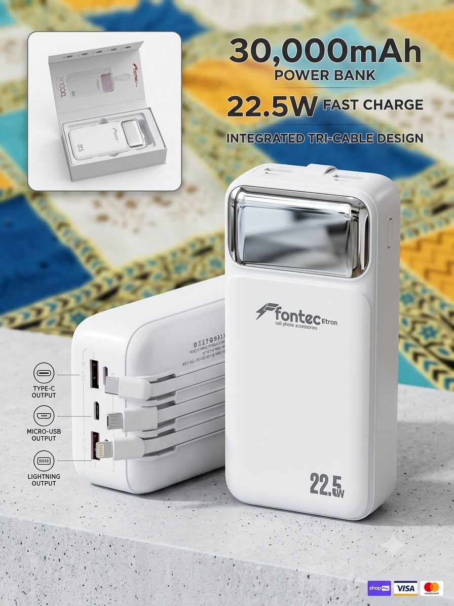 Fontec ETRON 30000mAh Power Bank PD 22.5W Fast Charging with Built-in Type-C & Lightning Cables | LCD Display