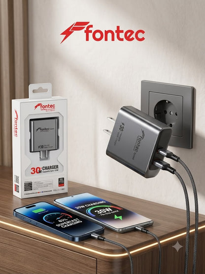 Fontec Xpeed 30W PD Super Fast Charger | USB-C + USB-A Dual Port Wall Adapter | Quick Charge 4.0